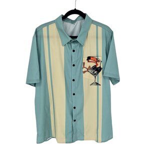 Retro size XL blue stripe bowling style button up hawaiian tucan graphic print